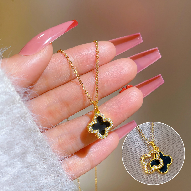 Zircon Shell Four-leaf Clover Double Layer Pendant Necklace